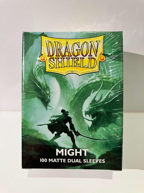 Boîte Dragon Shield Might vert, 100 protèges-cartes dual matte, illustration guerrier et dragon