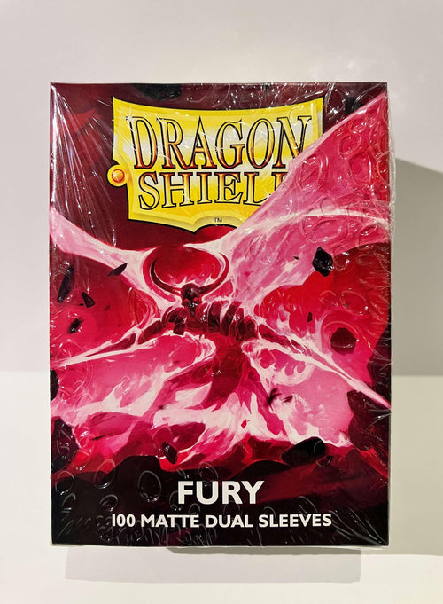 Boîte Dragon Shield Fury, 100 protège-cartes Dual Matte standard, design rouge monstrueux.