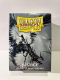 Boîte Dragon Shield Justice, protège-cartes dual matte, illustration sombre et logo jaune.