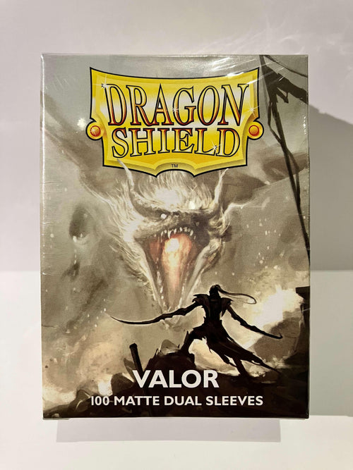 Boîte Dragon Shield Valor 100 protèges cartes double mat, illustration dragon et guerrier.