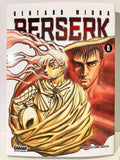 Couverture manga Berserk Tome 8, deux personnages, armure, fond rouge, édition Glénat.