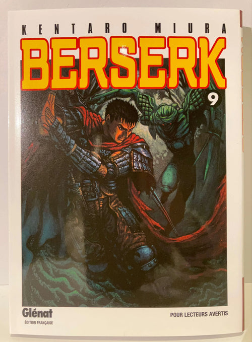 Couverture Berserk Tome 9, manga sombre de Kentaro Miura avec guerrier en armure et créature verte