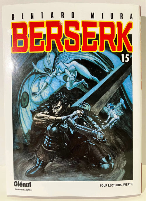 Couverture du manga Berserk tome 15 avec Guts en armure, créature ailée et fée, Glénat.