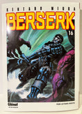 Couverture manga Berserk Tome 16, guerrier en armure, action sombre, édition Glénat.