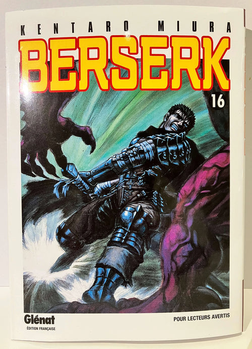 Couverture manga Berserk Tome 16, guerrier en armure, action sombre, édition Glénat.