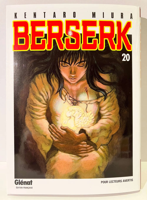 Couverture Berserk Tome 20, personnage féminin sombre tenant un oiseau lumineux, manga Glénat.