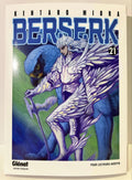 Couverture Berserk tome 21, personnage en armure blanche ailée devant oiseau bleu, édition Glénat.