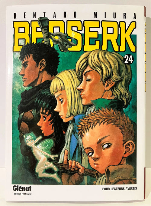 Couverture manga Berserk Tome 24 avec cinq personnages et une fée, titre jaune, Glénat