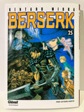 Couverture du manga Berserk tome 25 avec Guts en armure, divers personnages et fond fantastique.