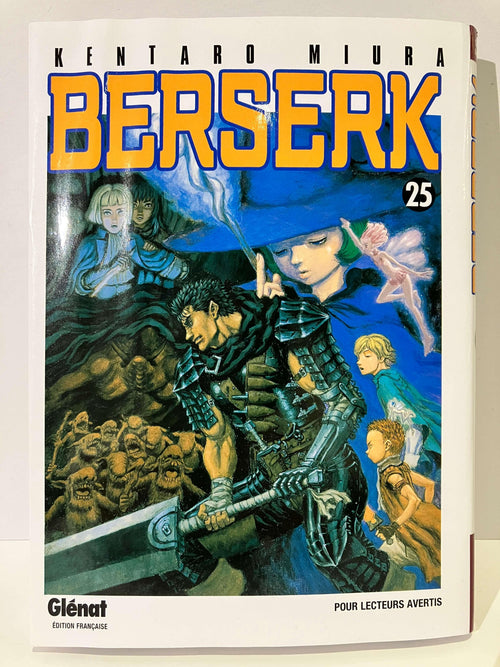 Couverture du manga Berserk tome 25 avec Guts en armure, divers personnages et fond fantastique.