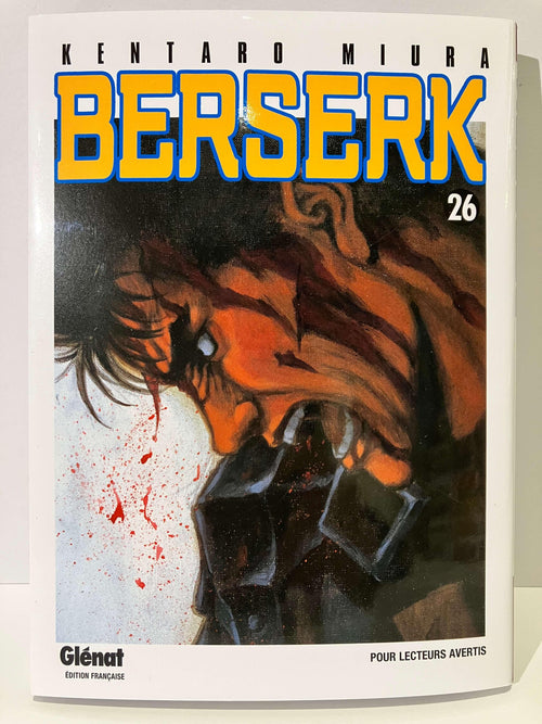 Couverture du manga Berserk Tome 26 de Kentaro Miura, visage ensanglanté, Glénat édition française.