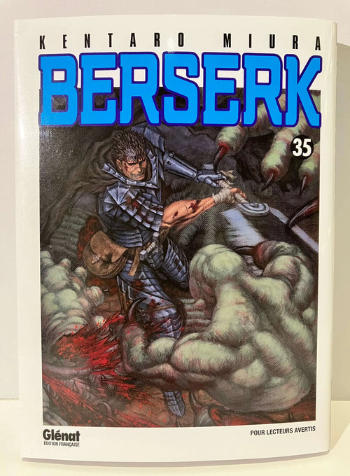 Couverture Berserk tome 35, guerrier en armure affrontant une griffe monstrueuse, édition Glénat