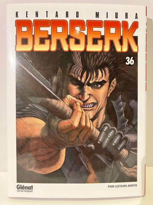 Couverture Berserk tome 36 avec Guts armé, manga de Kentaro Miura, édition Glénat.