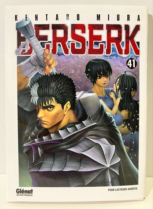 Couverture Berserk Tome 41 manga Glénat, guerrier en armure, deux personnages à l'arrière-plan