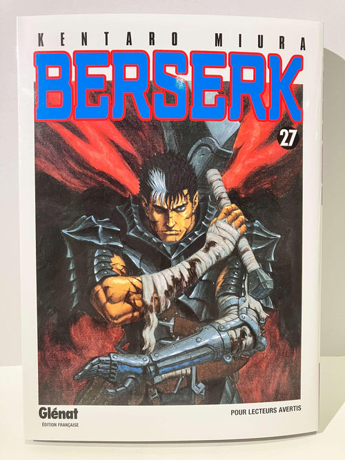 Couverture Berserk tome 27 manga, guerrier en armure noire, épée, fond rouge, édition Glénat