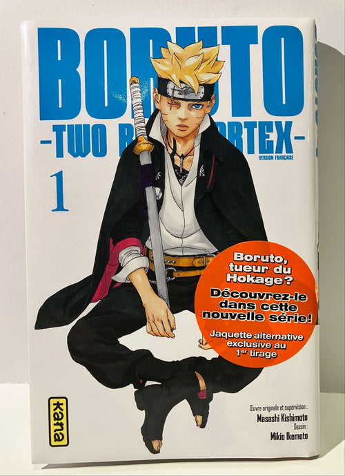 Couverture manga Boruto Two Blue Vortex tome 1, Boruto assis avec sabre, version française