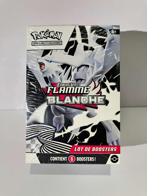 Boîte Pokémon Écarlate et Violet Flamme Blanche, 6 boosters visibles sur l'emballage.