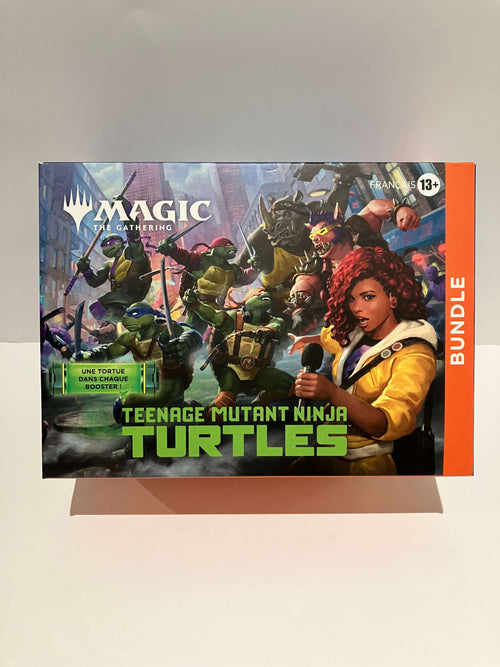 4 tortues ninja combattent contre 2 méchants avec une présentatrice