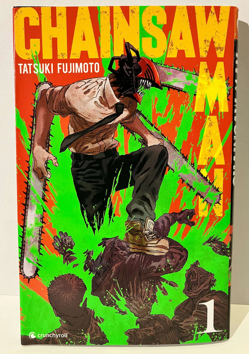 Couverture Chainsaw Man tome 1, personnage à tête-tronçonneuse, fond vert et orange vif