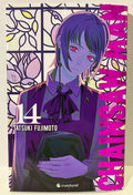 Couverture Chainsaw Man tome 14 avec personnage féminin aux yeux rouges, design manga, Tatsuki Fujimoto