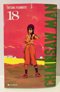 Couverture Chainsaw Man tome 18, personnage féminin souriant, fond rouge et jaune, manga