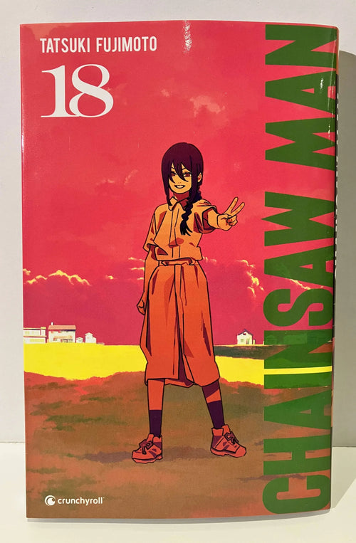 Couverture Chainsaw Man tome 18, personnage féminin souriant, fond rouge et jaune, manga