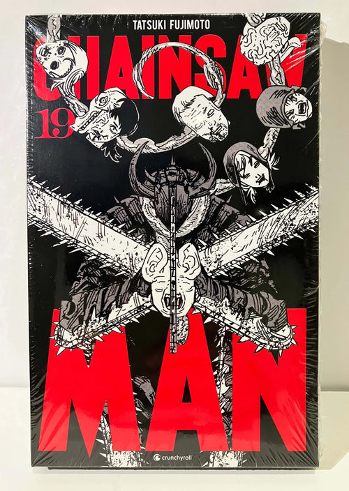 Couverture Chainsaw Man tome 19 édition collector, personnage à tronçonneuses et têtes stylisées