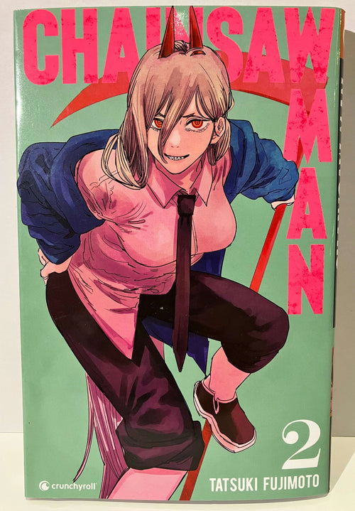 Couverture Chainsaw Man tome 2, personnage Power avec cornes et sourire, manga Tatsuki Fujimoto