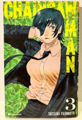 Couverture Chainsaw Man tome 3, femme aux cheveux courts et cache-œil, fond vert vif