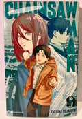 Couverture Chainsaw Man tome 9 avec trois personnages manga, fond bleu et titre en grand.