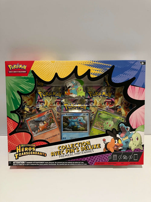 Boîte Pokémon « Collection avec Pin's Deluxe » contenant plusieurs boosters, 3 carte promo et un pin's, avec illustration de Gruikui, Kaiminuset Germignon