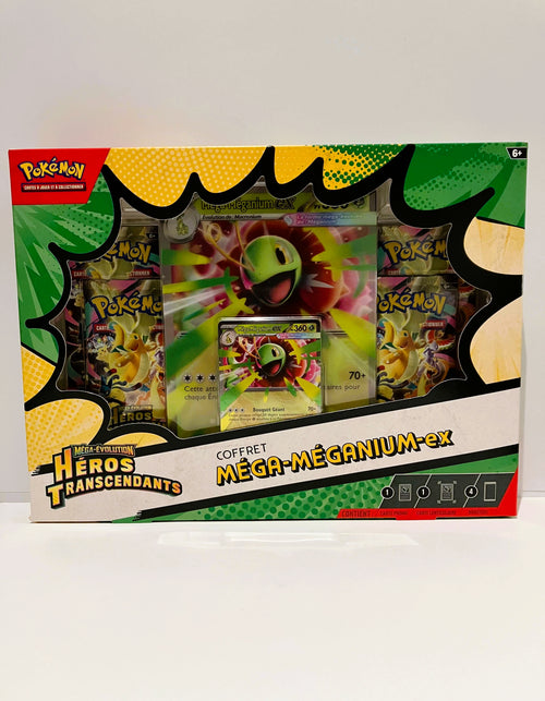 Boîte Pokémon « Coffret Pokémon Méga-Méganium-ex » contenant plusieurs boosters, deux cartes promo.