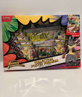 Boîte Pokémon « Collection Poster Premium Méga-Lucario EX » contenant plusieurs boosters, une carte promo et un poster, avec illustration de Lucario.