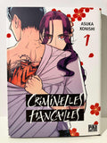 Couverture manga Criminelles Fiançailles Tome 1, deux personnages enlacés, fleurs rouges, Asuka Konishi, Pika Edition