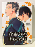 Couverture manga Criminelles Fiançailles tome 4, deux personnages dos à dos, fleurs orange.