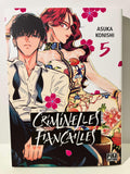 Couverture manga Criminelles Fiançailles tome 5 avec deux personnages stylisés, fleurs roses