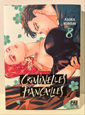 Couverture manga Criminelles Fiançailles tome 8, deux personnages enlacés, fleurs vertes en fond