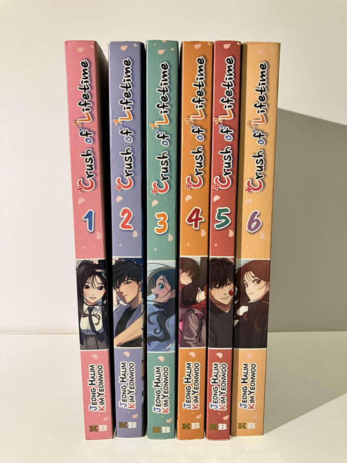 Intégrale Crush of Lifetime tomes 1 à 6 alignés, couvertures colorées avec personnages manga.