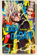 Couverture manga Dandadan tome 13, héros aux cheveux blancs électriques, femme en arrière-plan, fond coloré