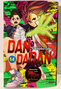 Couverture manga Dandadan tome 14, deux personnages dynamiques, fond coloré, Yukinobu Tatsu.