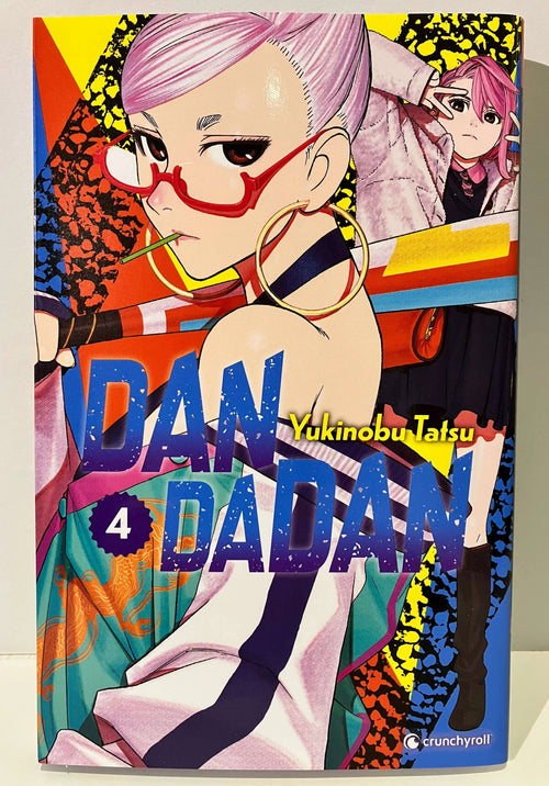Couverture manga Dandadan tome 4 Yukinobu Tatsu, personnage aux lunettes rouges et fond coloré