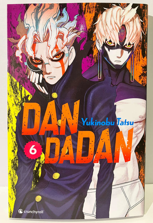 Couverture manga Dandadan tome 6 avec deux personnages stylisés aux cheveux blancs, fond coloré
