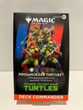 4 tortues ninja sont au milieu sur fond bleu, orange, violet et rouge