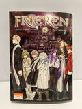 Couverture de Manga Frieren Tome 15 : plusieurs personnage devant un château sur un fond sombre