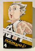 Couverture du manga Haikyu tome 4, joueur de volley en action, fond jaune, manga sport