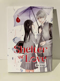 Couverture manga Shelter of Love tome 2, deux lycéens sous un parapluie, éditions Akata.