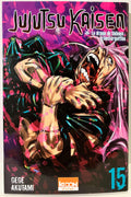 Couverture de Jujutsu Kaisen tome 15 avec personnage hurlant, couleurs violettes et roses vives.
