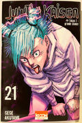Couverture Jujutsu Kaisen tome 21, personnage aux cheveux bleus, tenue blanche, fond noir.