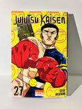 Couverture manga Jujutsu Kaisen tome 27, personnage aux gants rouges sur fond jaune