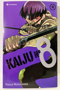 Couverture manga Kaiju N°8 tome 4, personnage en tenue de combat avec masque, fond violet.